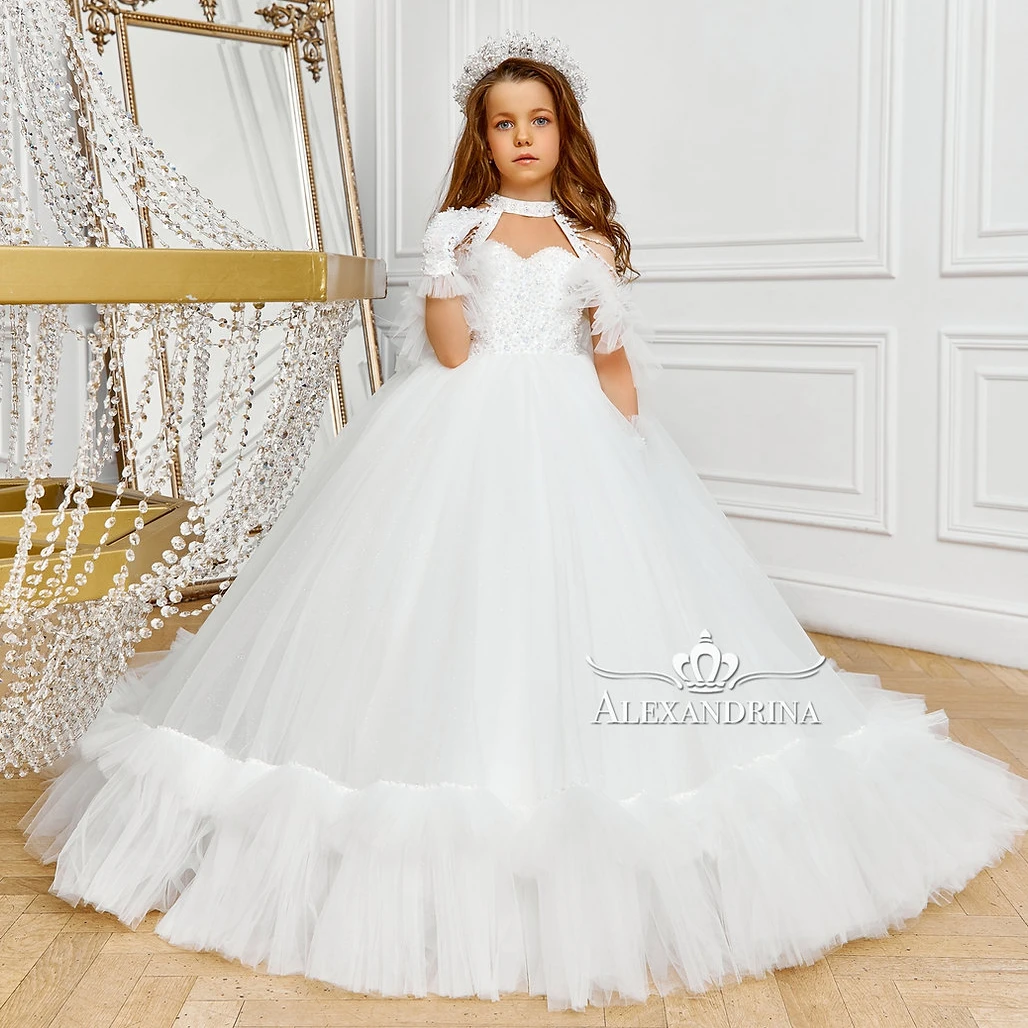 Vestidos de tul de lujo para niña de las flores, vestidos de desfile de cumpleaños con volantes y lazo, tren largo para niños, vestidos de primera comunión