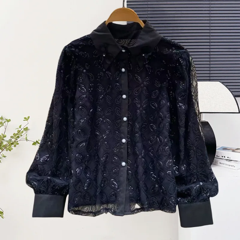 

Unique Design Chic Ruffled Diamond-Studded Shirt For Women With Stand Collar, Bell Sleeves, Single-Breasted, Solid Color Sweet