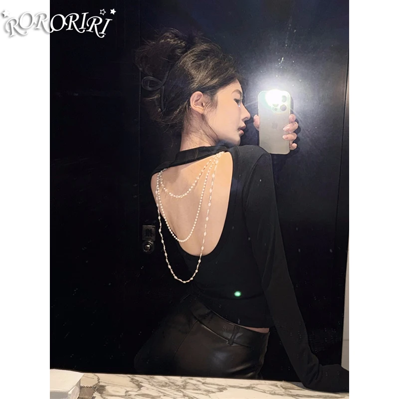 

RORORIRI Grayu Backless Chain Black T-shirt Women Long Sleeves Slim Fleece Lined Half High Collar Top Korean Fall Winter Clothes