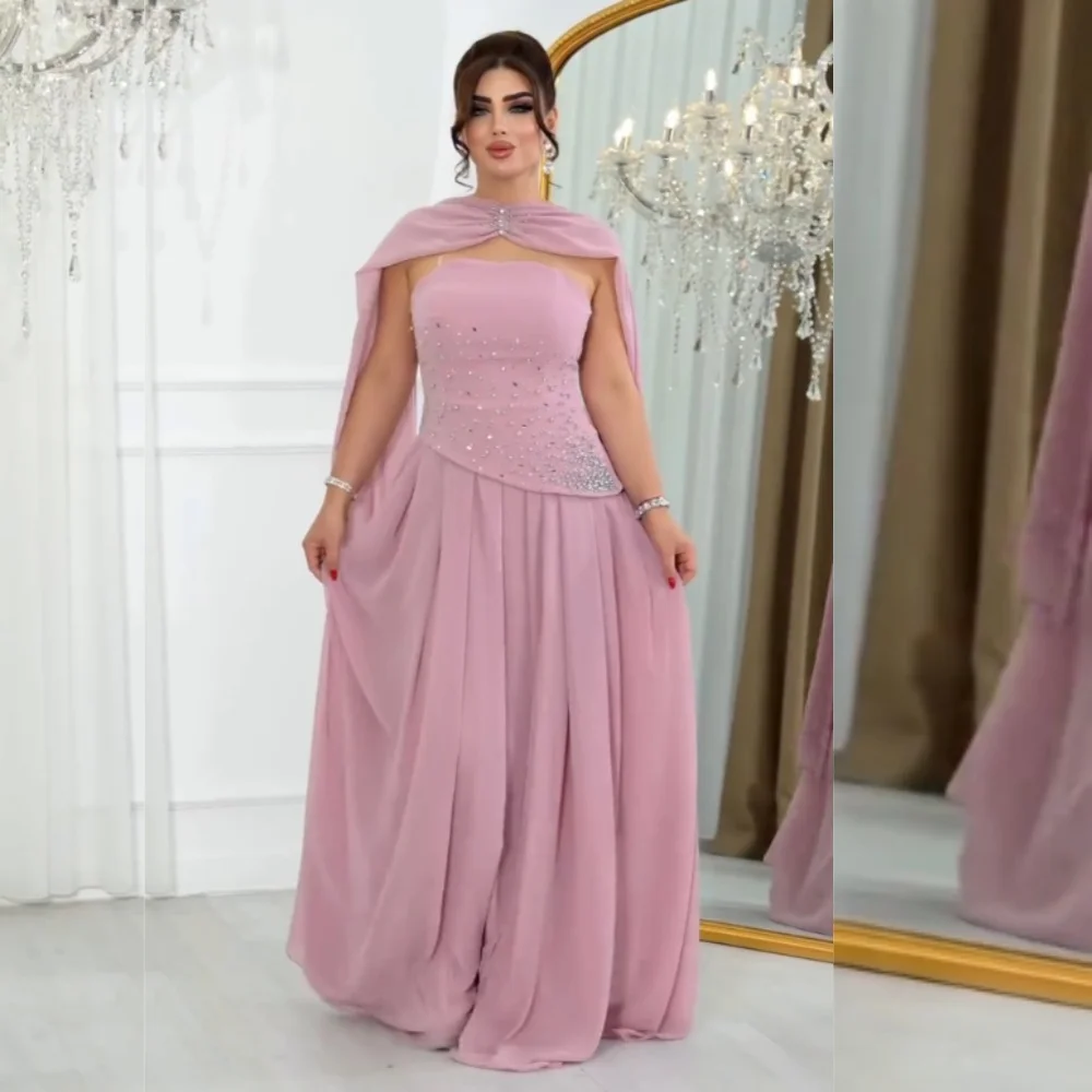 Customized Chiffon Pleat Rhinestone Evening Dress Shawl Wedding Bespoke Occasion A-line Long Dresses Prom Elegant Party