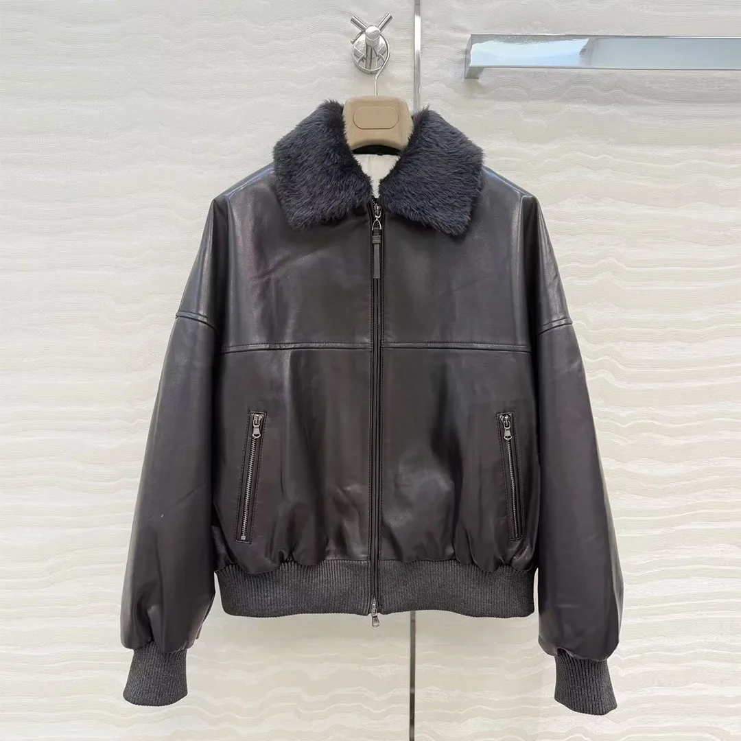 Vintage Old Money Style Brown 100% Sheepskin Jacket Women Removable Lamb Fur Lapel Zipper Long Sleeve Loose Casual Winter Coat