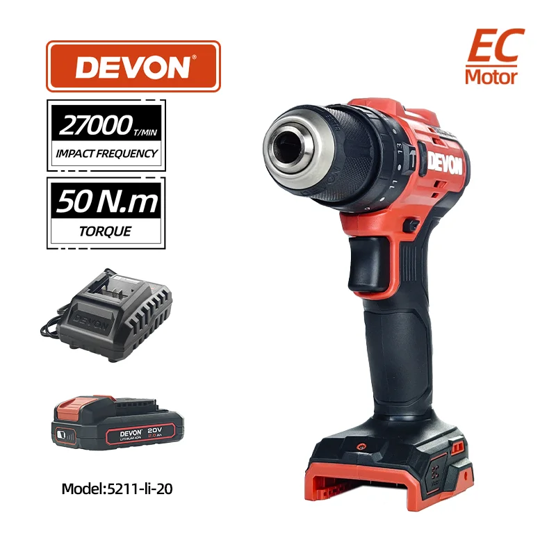 

New Devon 5211-Li-20V Brushless Electric Impact Drill 20V Battery Cordless DIY Power Tool 50N.m 13MM 17+1 Torque