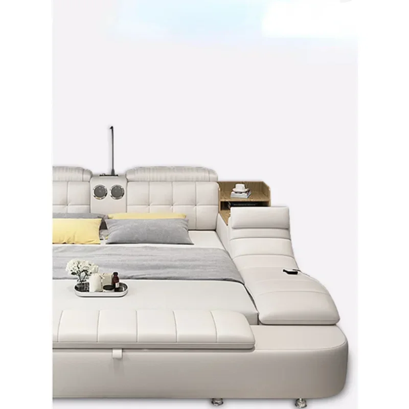 Genuine Leather Bed Frame Soft Beds Massager Storage Safe Speaker Led Light Bedroom Recharging Bluetooth Safe Usb