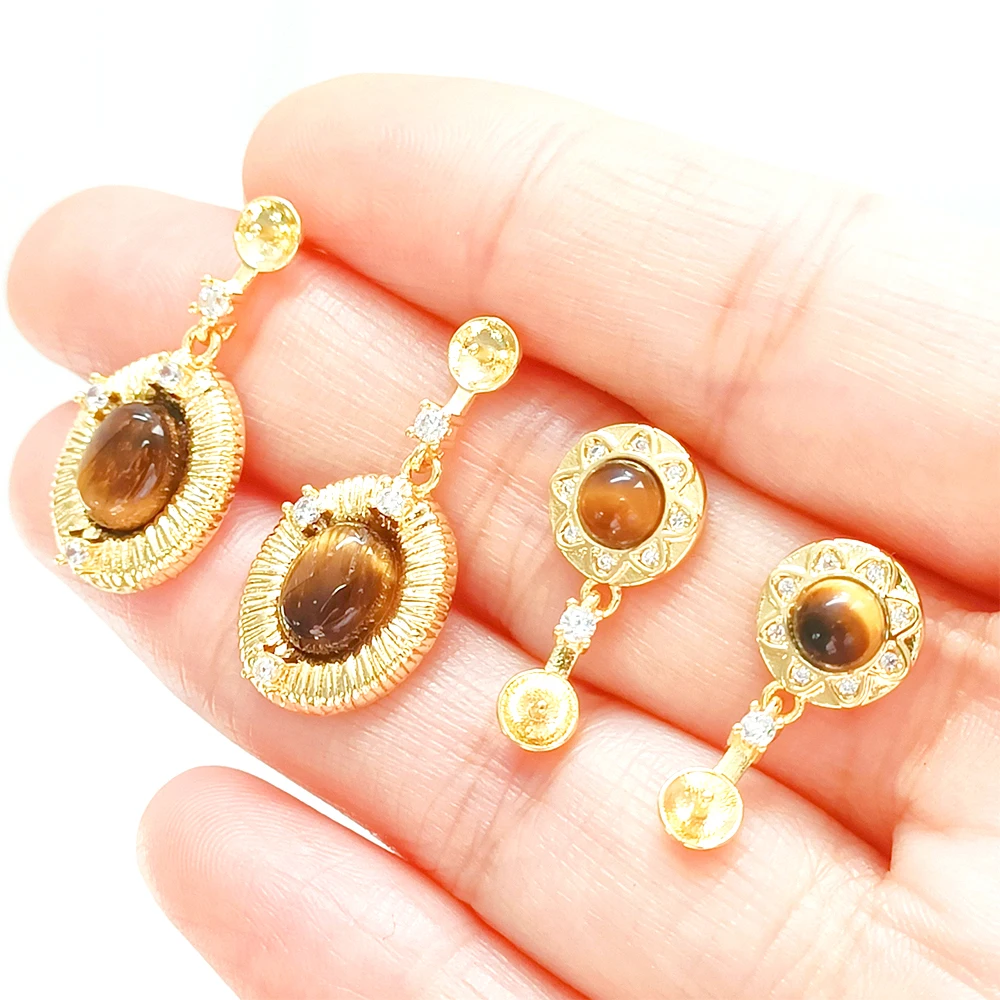 1 Pair Brass Coated Gold Zircon Inlaid Tiger Eye Stone Oval Ear Needle DIY Jewelry Making Semi-finished Product Accessory