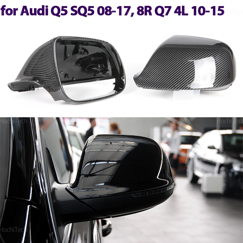 Black/Carbon Fiber Pattern Rearview Mirror Cap Wing Side Mirror Cover For Audi Q5 SQ5 08-17, 8R Q7 4L 10-15  without Lane Assist