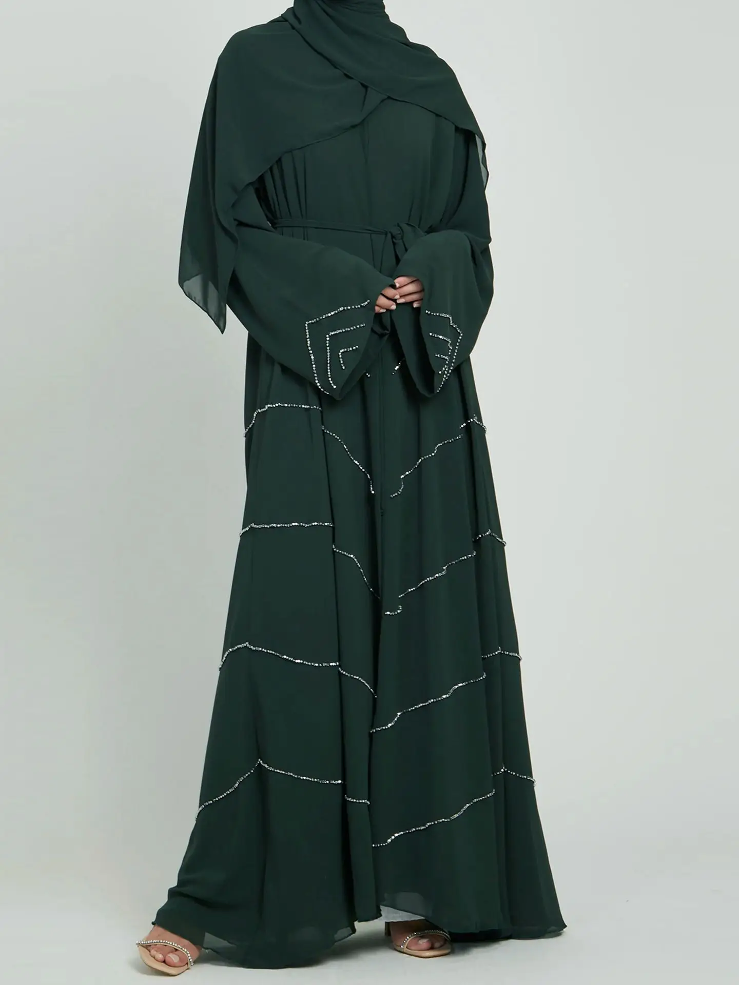 Feito à mão Diamante Beading Vestido Muçulmano, Longo Abayas Robe, Extravagante Vestido Maxi, Elegante Francês, Modéstia Vestido Islâmico, Ramadan e