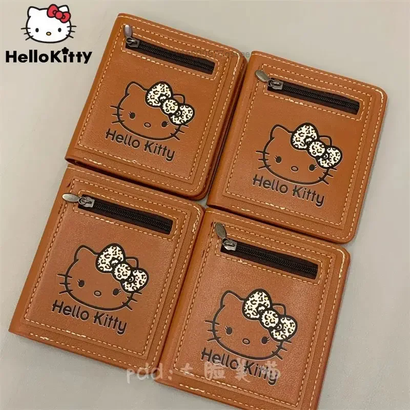 Retro Style Cute Leopard Hello Kitty MIni Wallet Female Short Coin Coin Purse Zipper 2 Fold PU Leather Multi-Card Card Holder