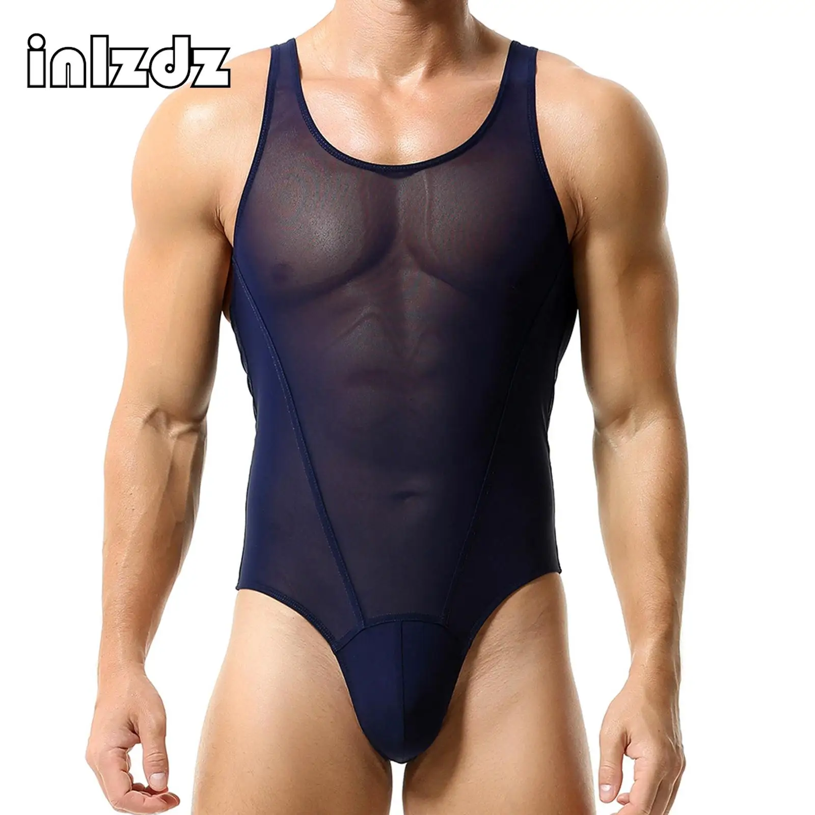 

Mens Sexy Leotard U Neck Sheer Mesh Jumpsuit Sports Workout Wrestling Singlet Casual Solid Color Sleeveless Bodysuit