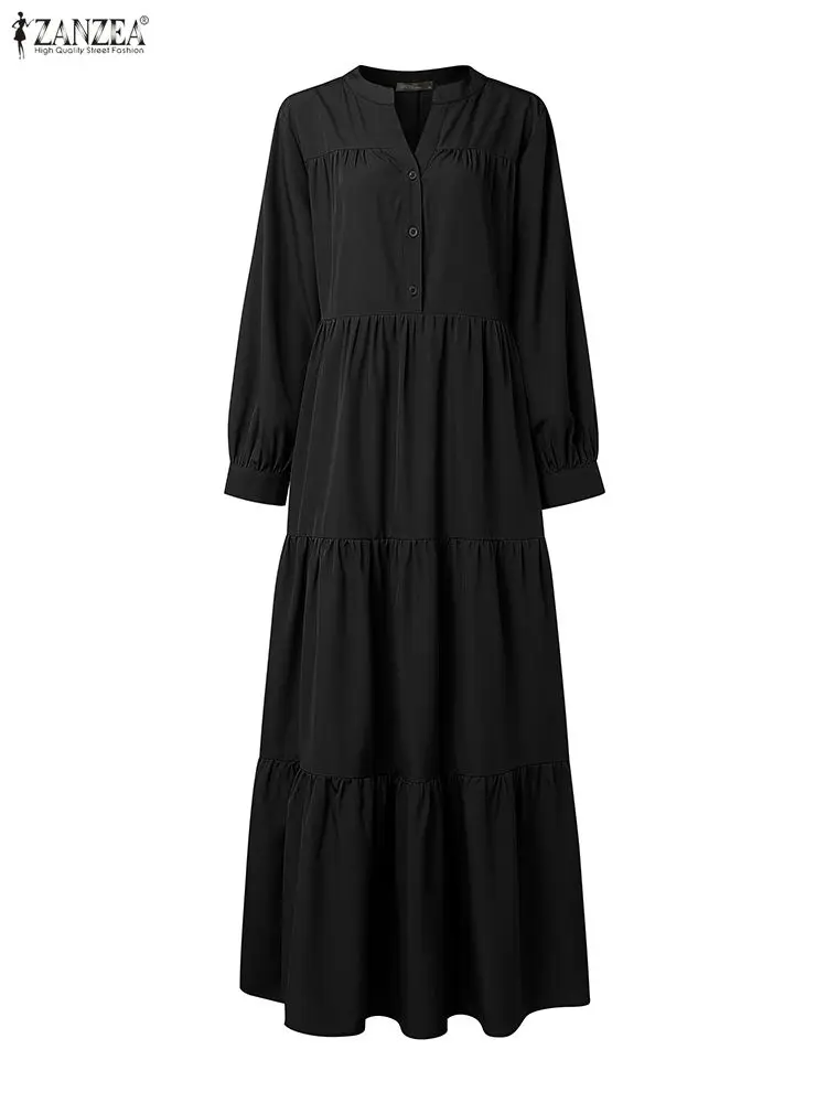 Mulheres outono causal vestidos longos manga longa com decote em v metade botões cor sólida a linha em camadas maxi vestido zanzea roupas femininas S-3XL