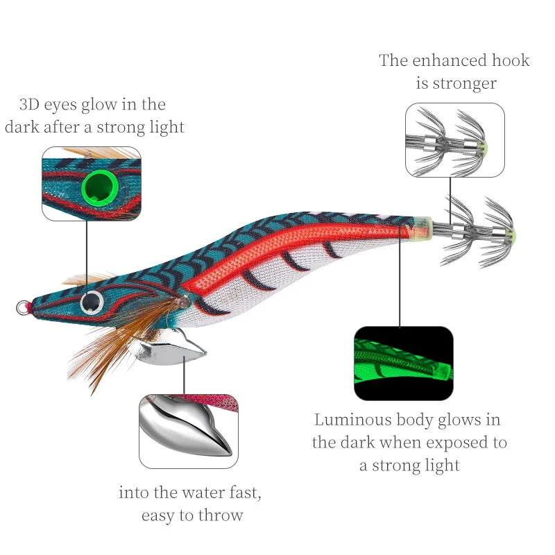 나무 낚시 루어 오징어 지그 후크, 현실적인 새우 오징어 디자인, 하드 미끼, 바닷물 낚시 액세서리, 10g, 15g