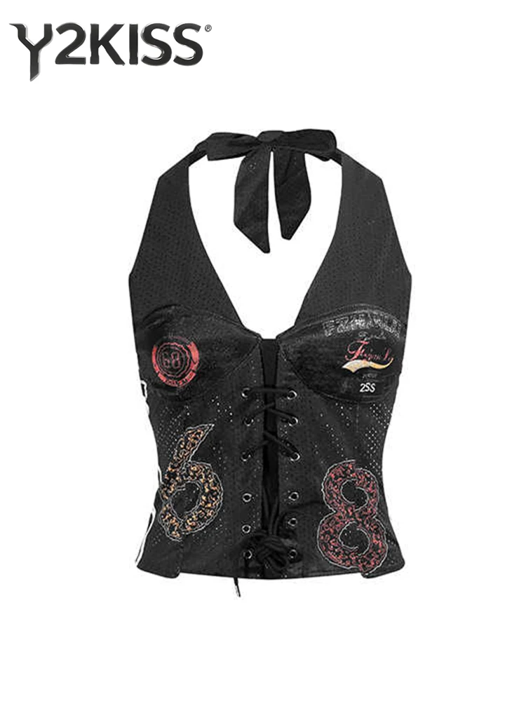 

Летний женский укороченный топ Dark Academia Coquette Japanese Y2k Cyber Punk Gyaru Coquette Tank Tops Gyaru Vest Goblin Core Lace Up