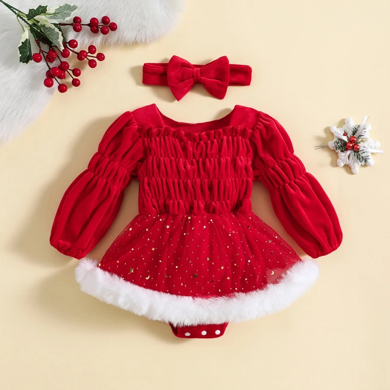 Baby Girls Christmas Casual Romper Dress Red Long Sleeve Star Moon Print Ruched Romper with Headband