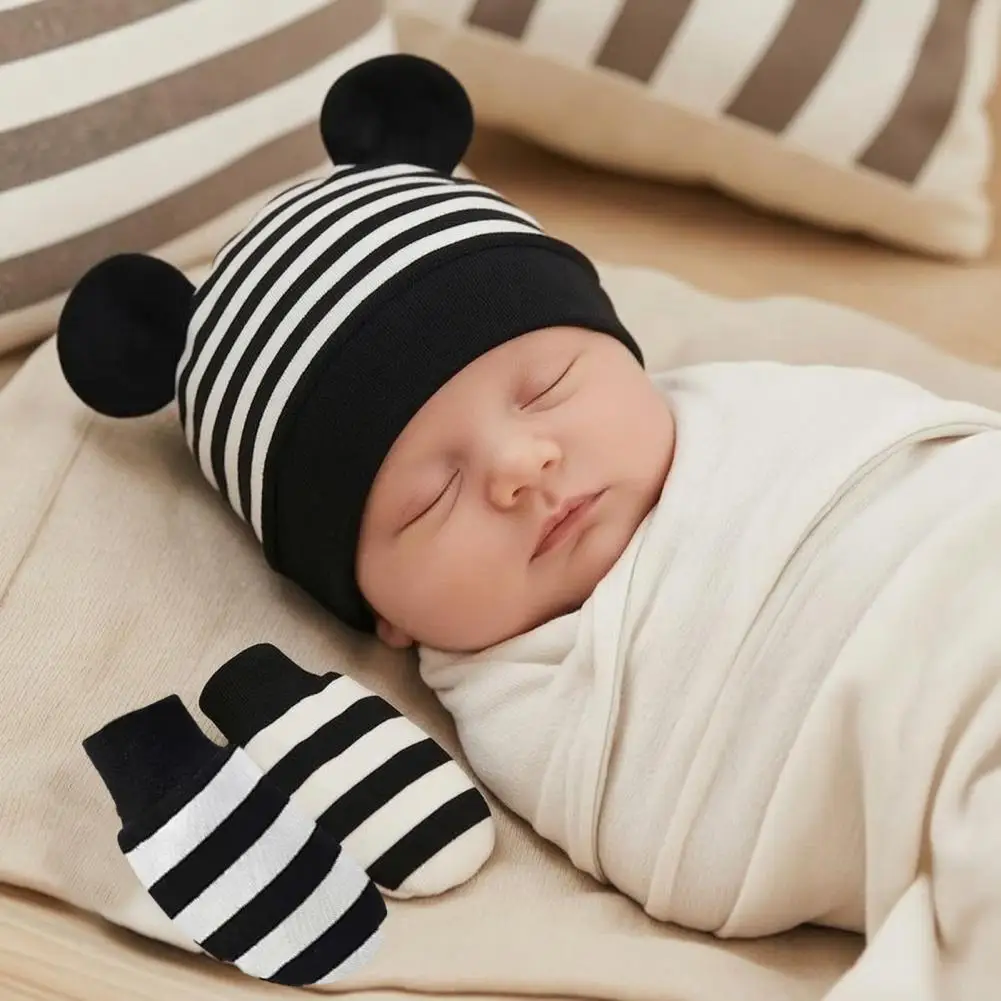 Newborn Foot Protectors Newborn Baby Essentials Newborn Baby Hat Mittens Set Cotton Infant Bear Ears Cap with for 0-3