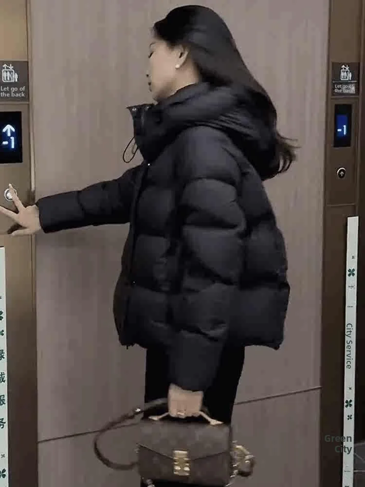 

Women's Short Puffer Jacket Hooded White Duck down Bread Style Winter Coat Fluffy Warm Straight Cut Thickened Zipper Closure