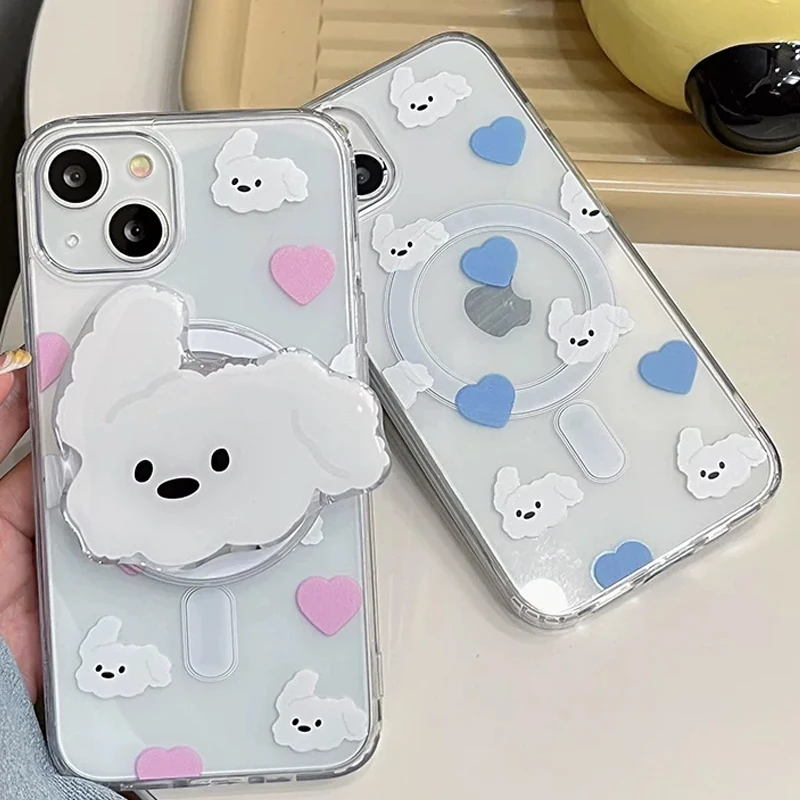

Japanese and Korean Ins Pink and Blue Love Dog For Magsafe Phone Case For iPhone 17 16 E 15 14 13 12 11 Pro Max Plus MINI Cover