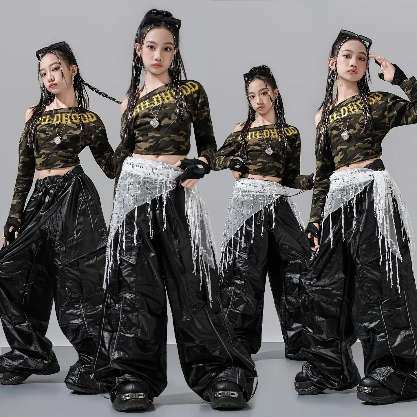 

2025 Children Hip Hop Dance Costumes For Girls Slanted Shoulder Camouflage Tops Black Pants Outfits Jazz Stage Clothes DQS20762
