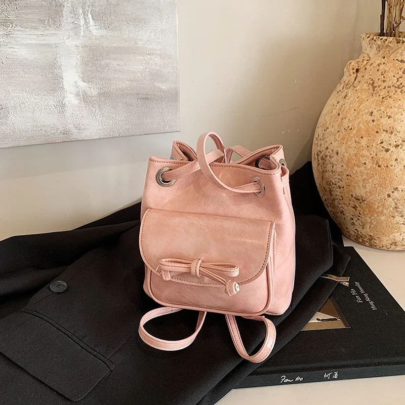 2025 High Quality PU Bow Solid Buckle Women's Crossbody Bag Valentine's Day Sweet Style Simple Fashionable Bucket Shoulder Bag