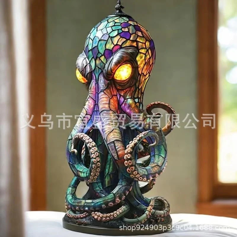 Stained Glass Style Resin Octopus Lamp Decorative Table Night Light Unique Ocean Animal Design Living Room Bedroom Ambient