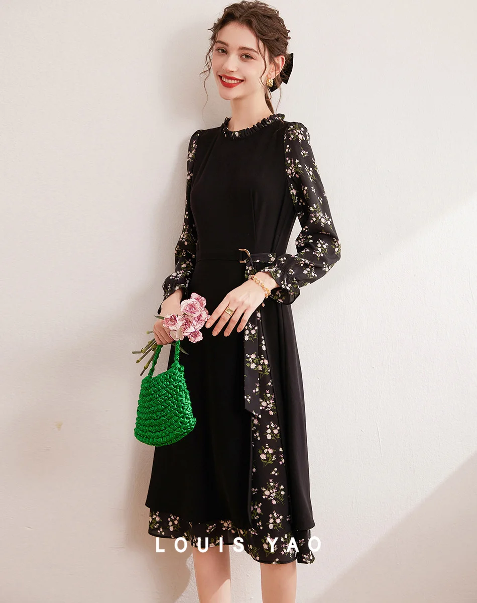 

LOUIS YAO 2024 Fashionable Color Blocking Patchwork Floral Dress Autumn Style Retro Fungus Side Length Long Sleeved Dress