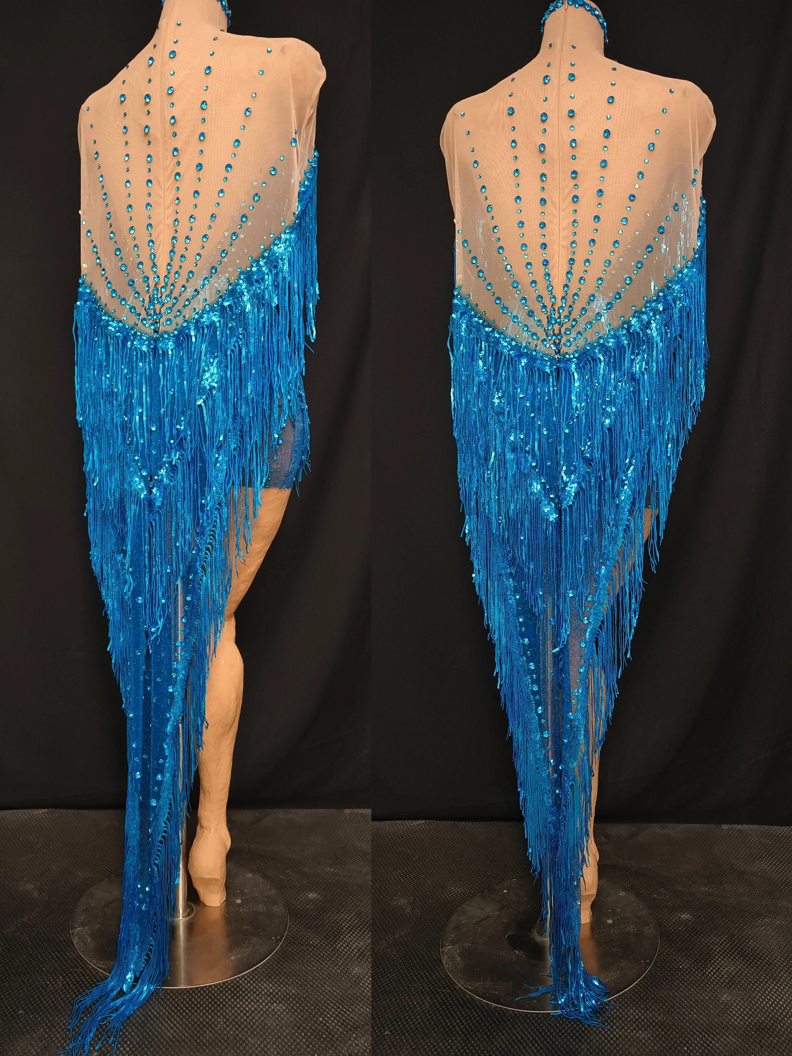 Sprankelende jurk met kwastjes, transparant mesh, V-hals, ontwerp, glamoureus prestatiekostuum, dansfeest, zanger, podium, nachtcluboutfit