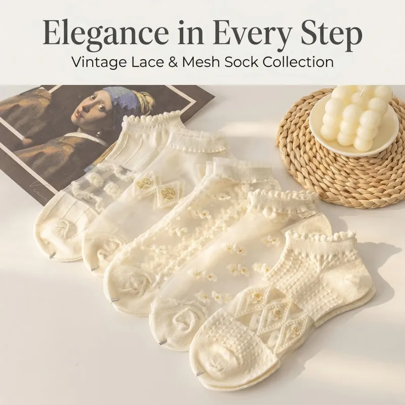 Vintage Lace Mesh Ankle Socks for Women, Breathable Floral Embroidered Cotton Socks for Summer Daily Wear Half Socks for Ladies