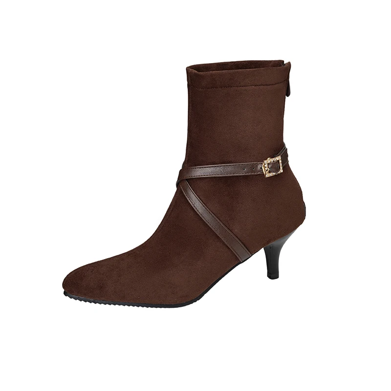 

Women Ankle Boots Cross Belt Buckle Kitten Heels Shoes Back Zipper Pointed Toe Elegant Faux Suede Fall Winter Short Booties