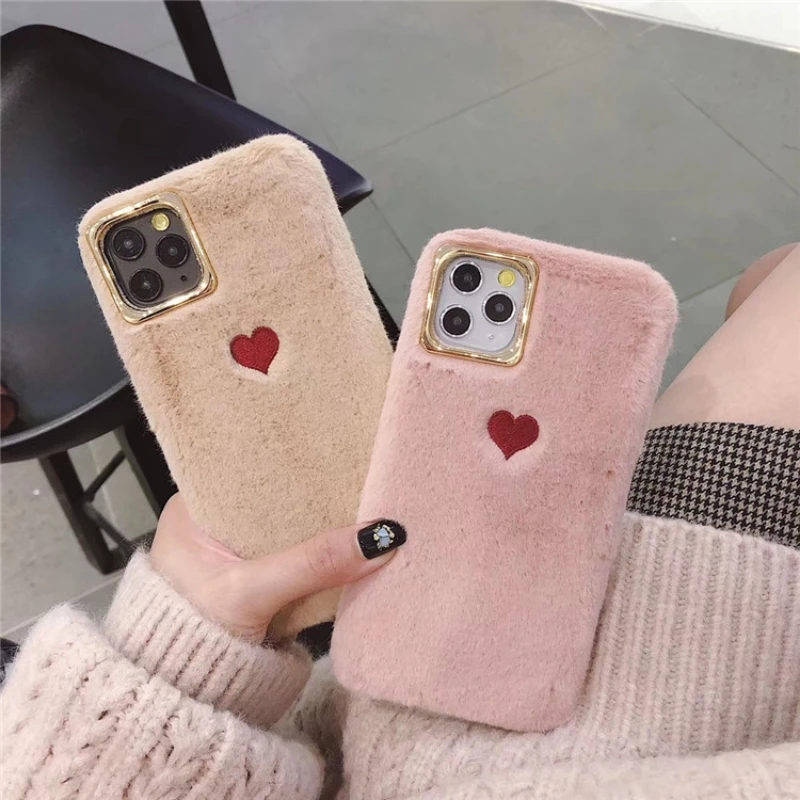 Love Heart Plush Phone Case Soft Cute Phone Back Cover For iPhone 16 15 14 13 12 11 Pro Max XR XS 8 7 Plus