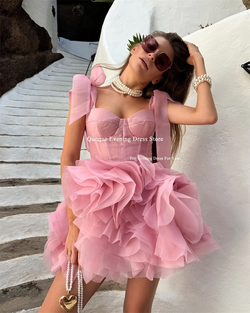 Qunque Dusty Pink Short Homecoming Dresses Customized Teens Organza Sweetheart Prom Dress With Bows A Line Evening Party Gowns