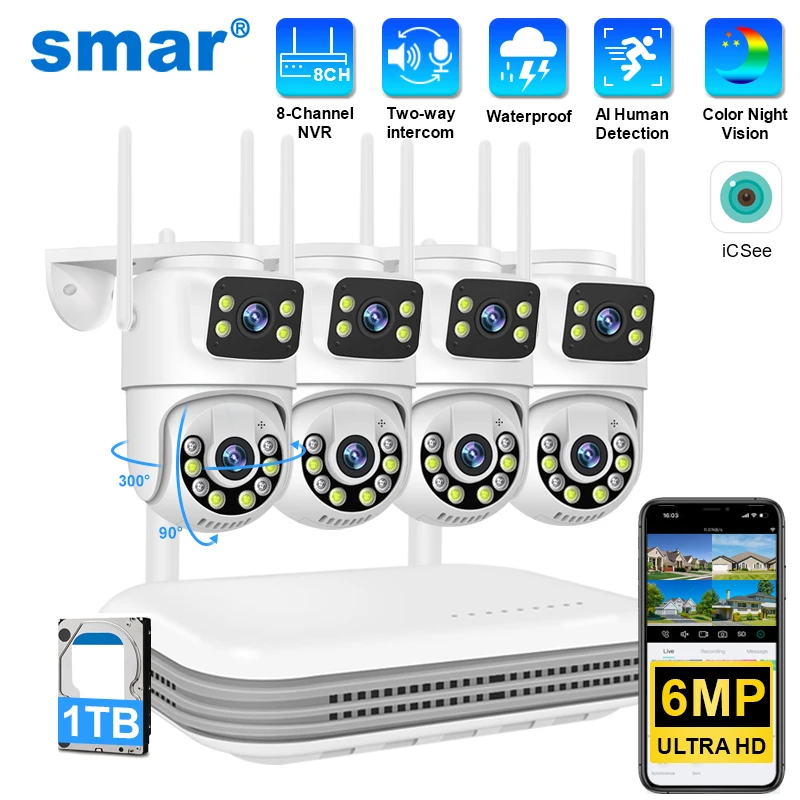 Smar Sistema de Cámaras de Seguridad WiFi 6MP Doble Lente Kit de Cámaras IP Inalámbricas con Audio Bidireccional NVR 8CH