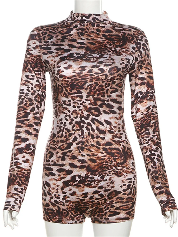 InGrily O-Neck Leopard Print Romper Women High Elasticity Fashion Hipster Long Sleeve Skinny Stretch Streetwear Sexy Playsuit