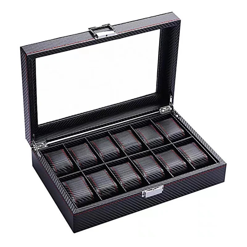 DELESYS 3/5/6/10/12 Slots Scratch-Proof Carbon Fiber Leather Watch Box Carbonaceous Color Watch Storage Case With Clear Glass