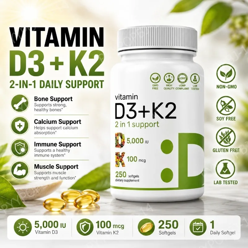

Vitamin D3+K2 Softgels 2-in-1 Complex Non-GMO with Calcium Absorption Support Immune System Booster Daily Wellness 250 Softgels