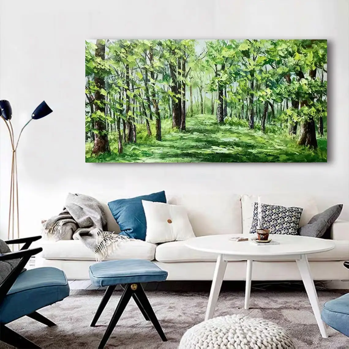 3D Tree Of Life Green Landscape Oil Painting Sunlight Forest Texture Vibrant Palette Knife Painting Handmade Living Room Decor