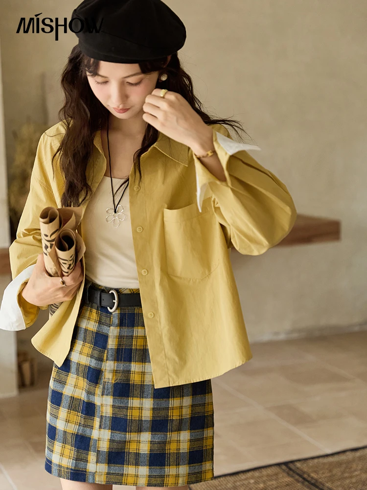 MISHOW 100 Cotton Yellow Shirt for Women 2024 Autumn Loose Casual Polo Collar Cardigan Top Contrasting Cuffs Shirts MXD47C0353