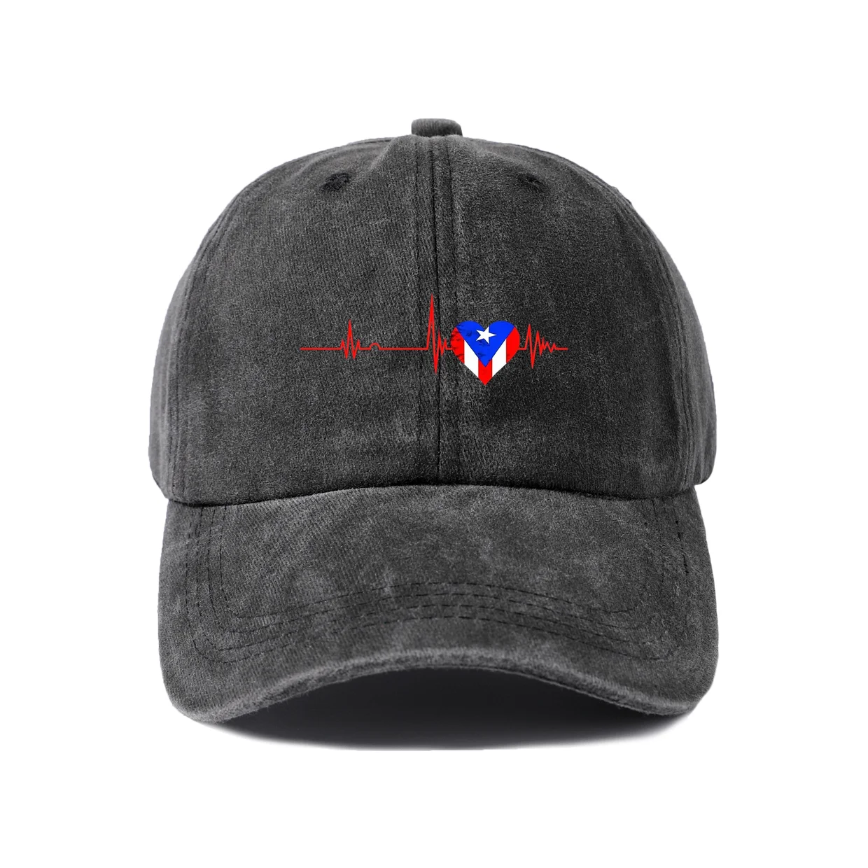Puerto Rico Heartbeat Flag Graphic Baseball Cap, Vintage Washed Adjustable Unisex Dad Hat, Streetwear Gift