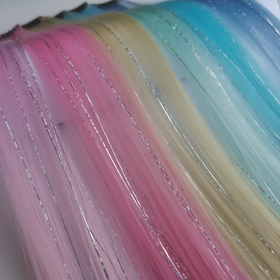 Extensiones de cabello con clip multicolor con tinsels, extensiones de colores, 2 en 1 cabello arcoíris con tinsels plateados para niños y niñas 5