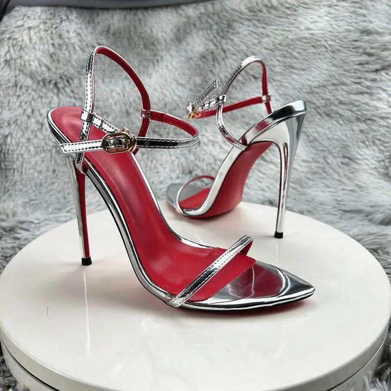 

Silver Leopard Red Soled Classic Retro Strap Sandals For Women's Summer New 12cm Slim Heel Fairy Roman Versatile High Heels Lady