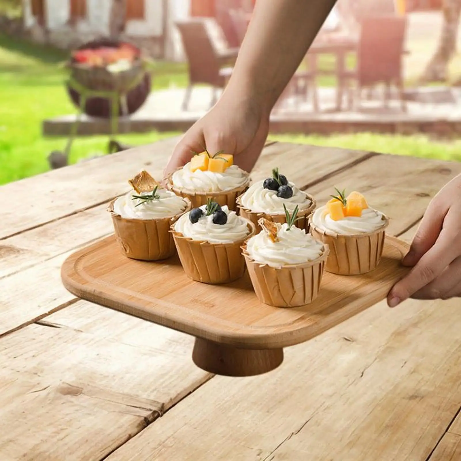 

Rectangular Cake Pedestal Stand,Wood Serving Platter,High Footed Cake Plate,Cake Dessert Display Platter for Holiday Birthday