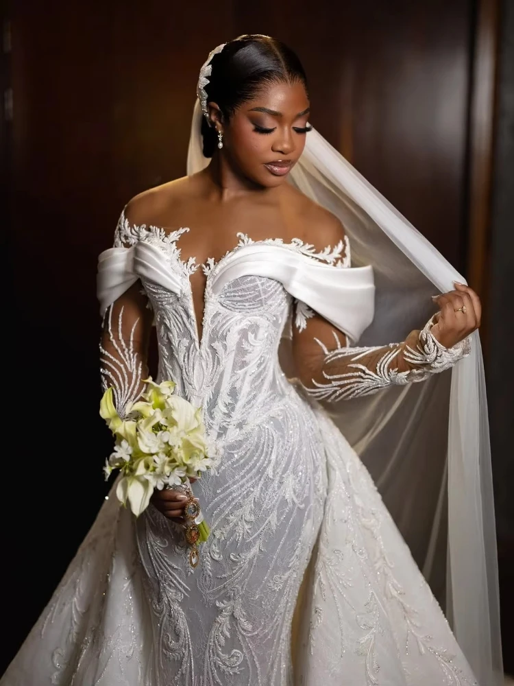Luxury Mermaid Wedding Dresses Appliques Off  Shoulder Sheer Long Sleeve Beaded Lace Detachable Overskirt Bridal Gown Plus Size
