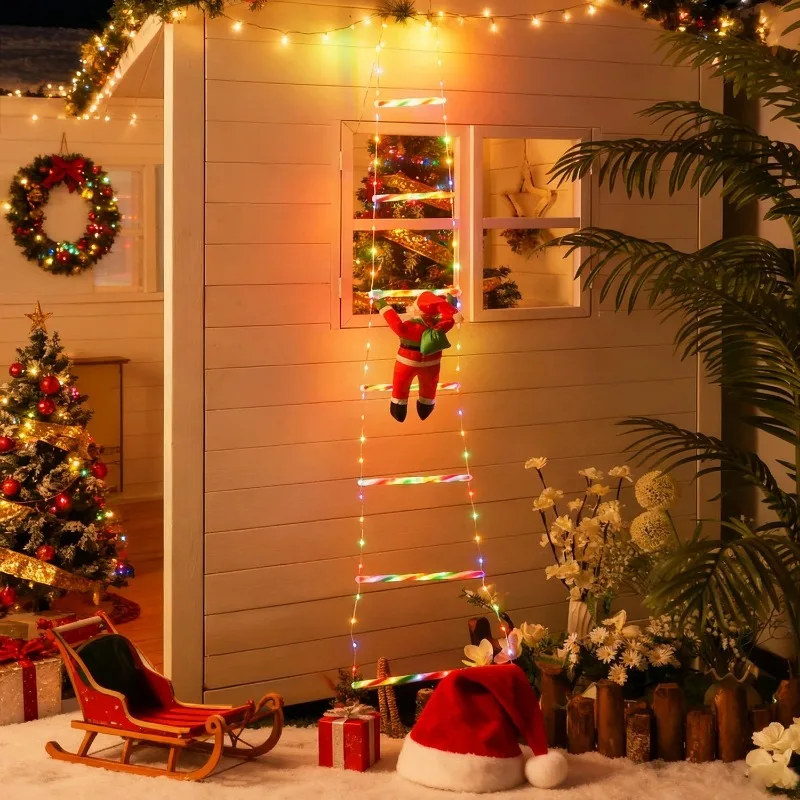 Christmas LED String Lights Climbing Santa Ladder, Multicolor Battery Operated Hanging Decoration for Tree Window Garden Party