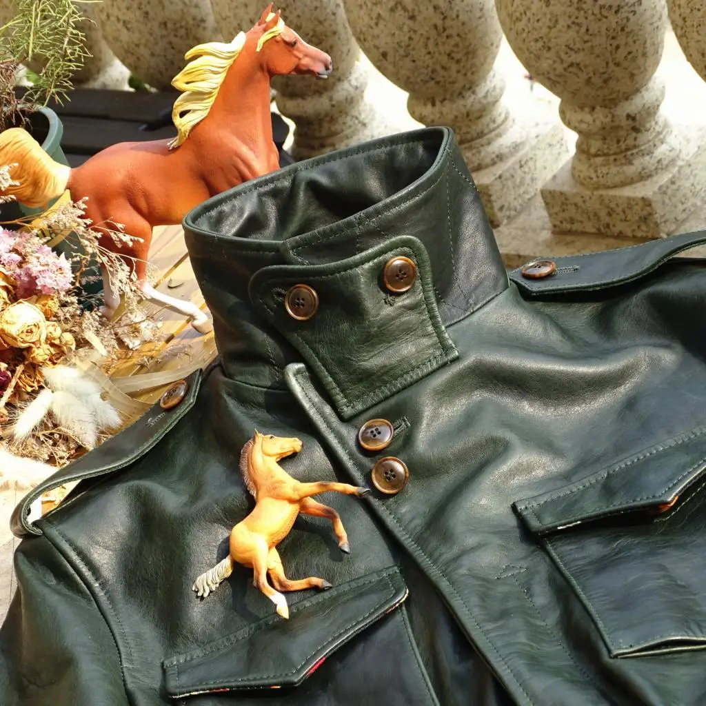 Vegetable Tanned Wax Dyed Baby Horse Skin M43 Field Hunting Suit Small Trench Coat