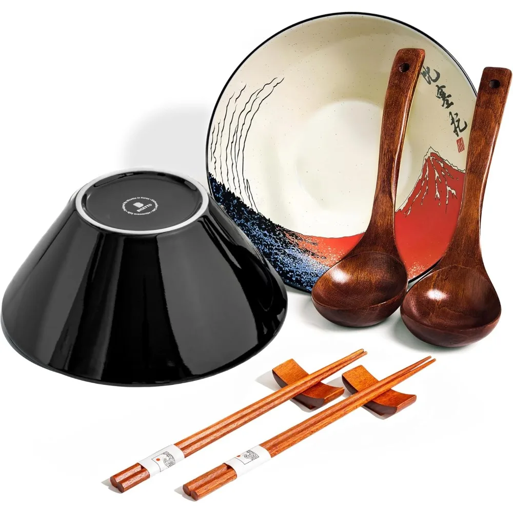 

Japanese Ramen Bowl Set with Red Ceramic Bowls, Spoons, Chopsticks for Ramen, Pho, Salad, Poke