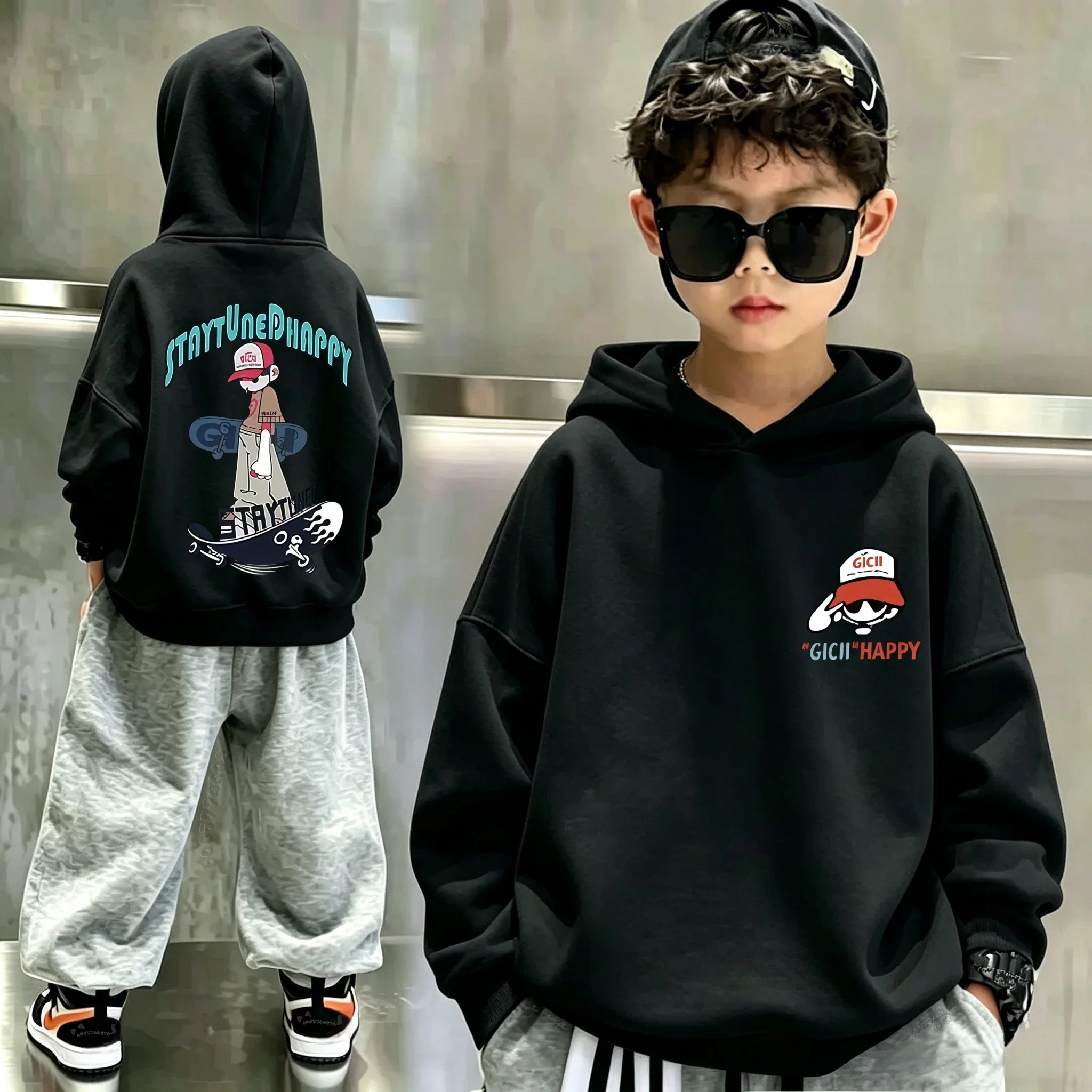 Children's hooded sweatshirt featuring a stylish, long-sleeved, Korean-style design with double-sided skateboard-themed prints.