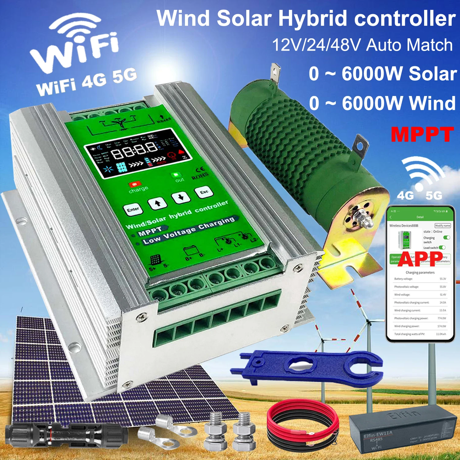 12V 24V 48V 5000W Wifi Wind Solar Hybrid Charge Controller, MPPT Charge for Solar Panel Wind Turbine, Lithium Lead Acid Battery
