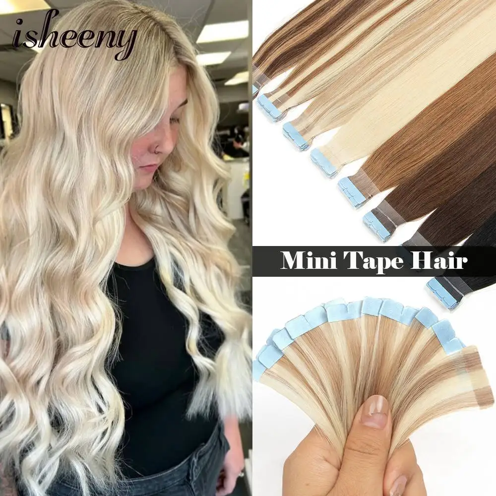 isheeny Mini Tape in Human Hair 12-24 inches Seamless PU Skin Weft Tape Hair 10pcs/pack Flower Tape Extensions