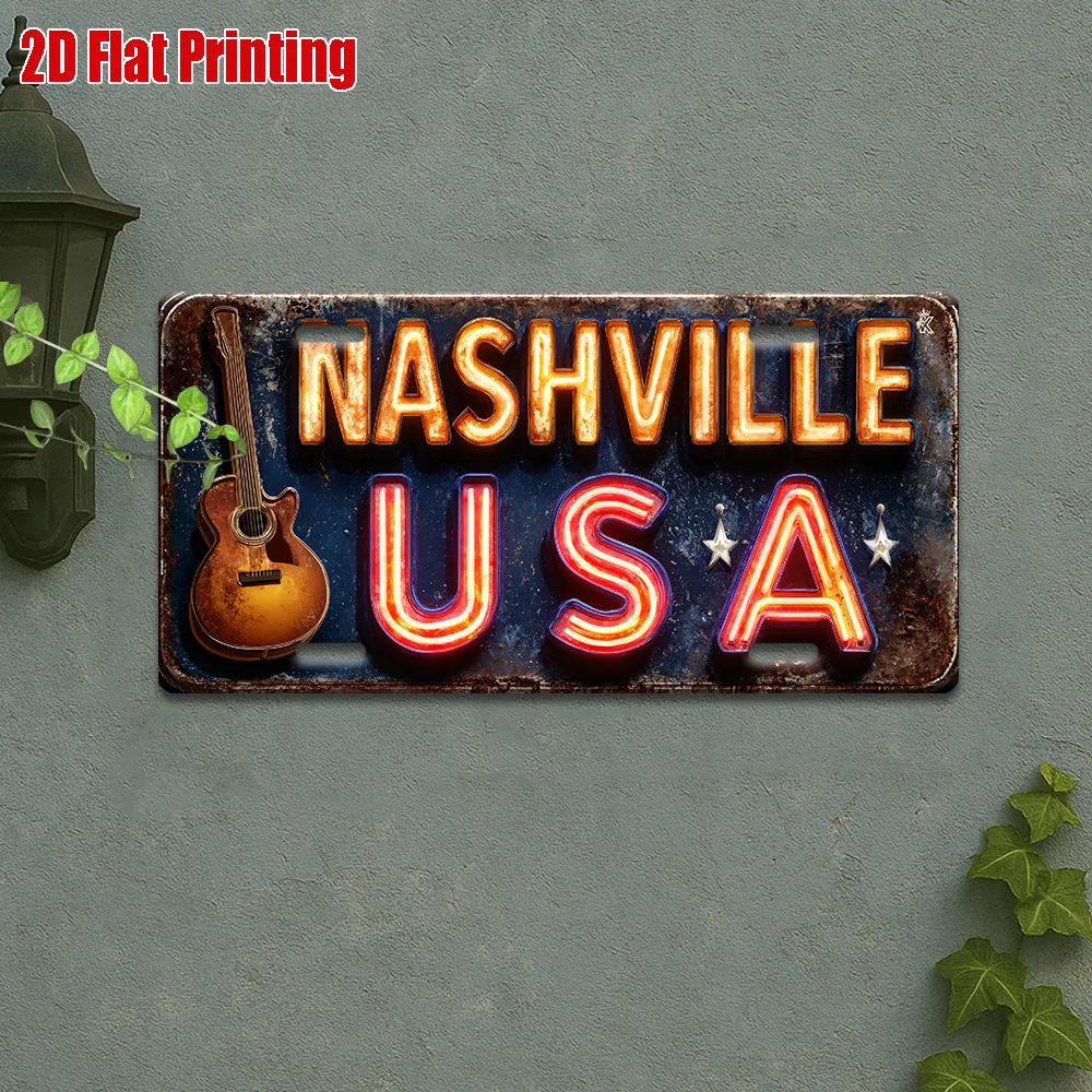 2D flaches, 1-teiliges Vintage-Metallschild, Wandkunst für den Außenbereich (30 cm x 15 cm), Nashville Music City Gitarrenschild, perfekt für das Wohnzimmer