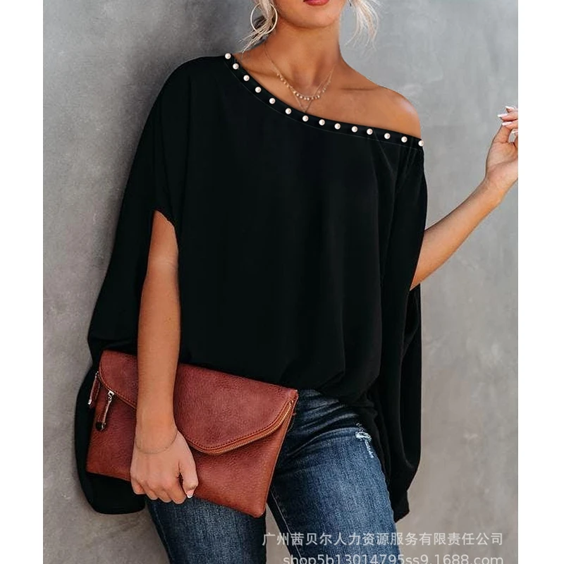 Blouse Tops for Women Summer Sexy Loose Off Shoulder Stand Collar Blouse Women's Casual Batwing Sleeve Slash Neck Pullover Shirt