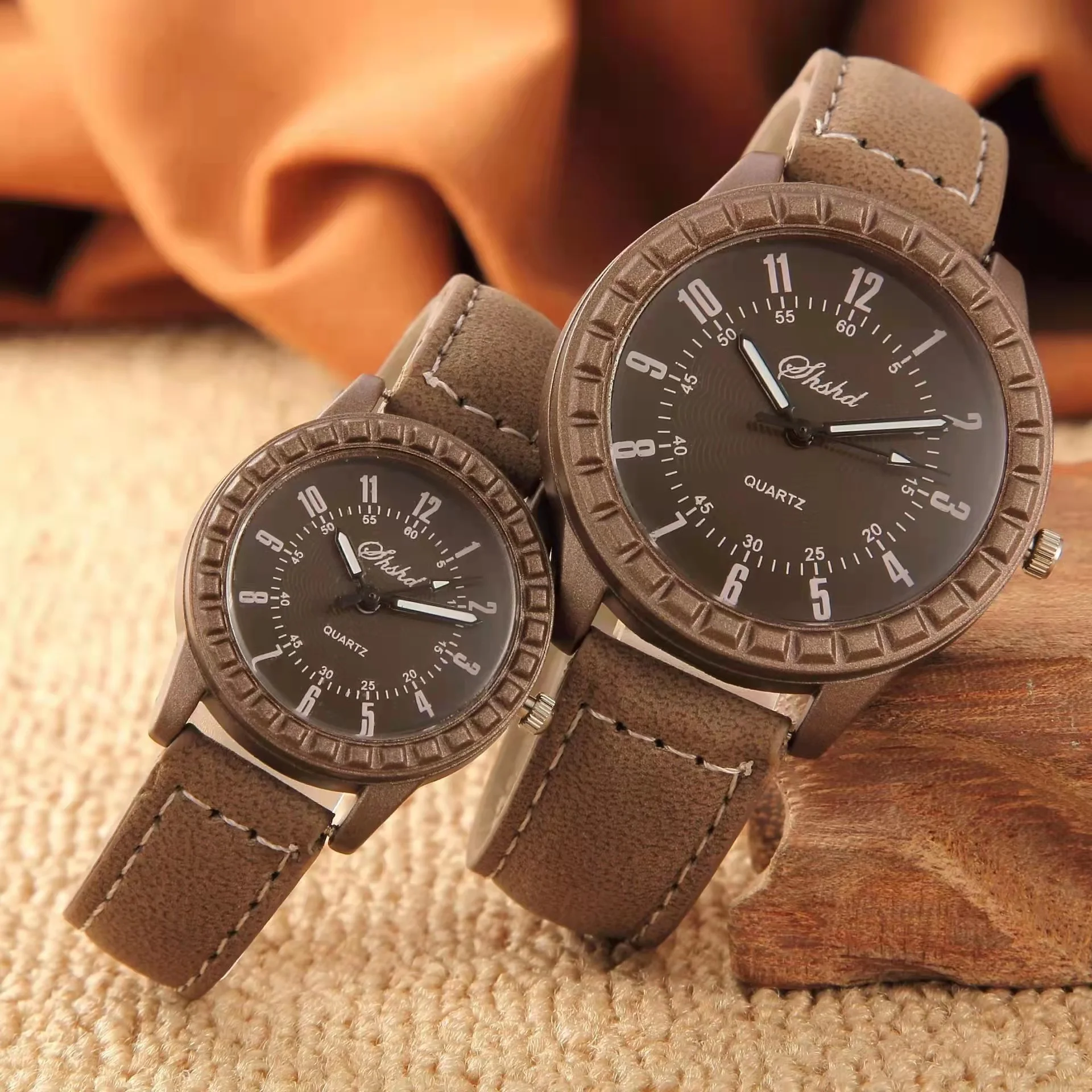 WOKAI fashion casual wood grain couples watch Men and women belt quartz watch student boys and girls clock retro