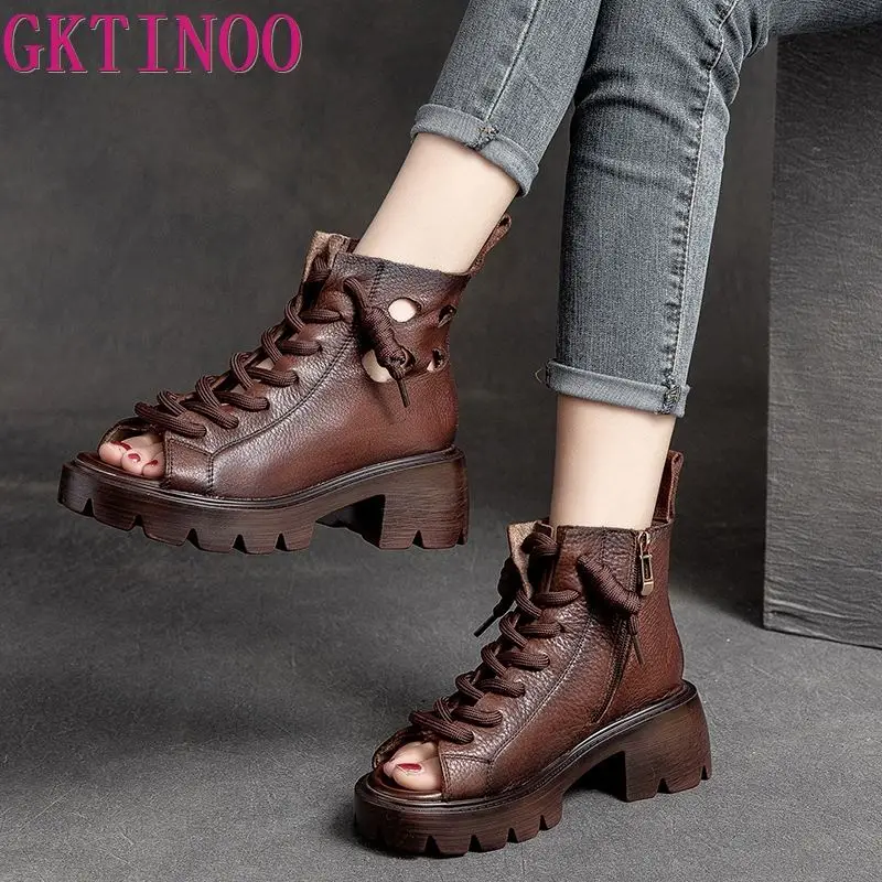 GKTINOO Women Sandals 2024 Handmade Retro Open Toe Hollow Thick Heel Platform Gladiator Sandals For Women Summer High Top Shoes