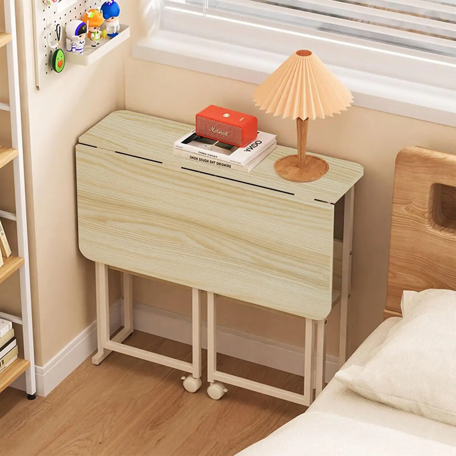 32'' Mobile Foldable Desk W/ 6 Wheels,Portable Rolling Small Computer Desk W/Storage Shelves,Folding Table For Small